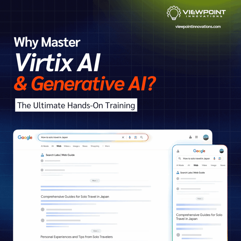 A promotional graphic from Viewpoint Innovations for a course titled "Why Master Virtix AI & Generative AI? The Ultimate Hands-On Training." The background is a dark blue grid, and below the text is a mock-up of Google search results for "how to solo travel in Japan" on desktop and mobile screens.