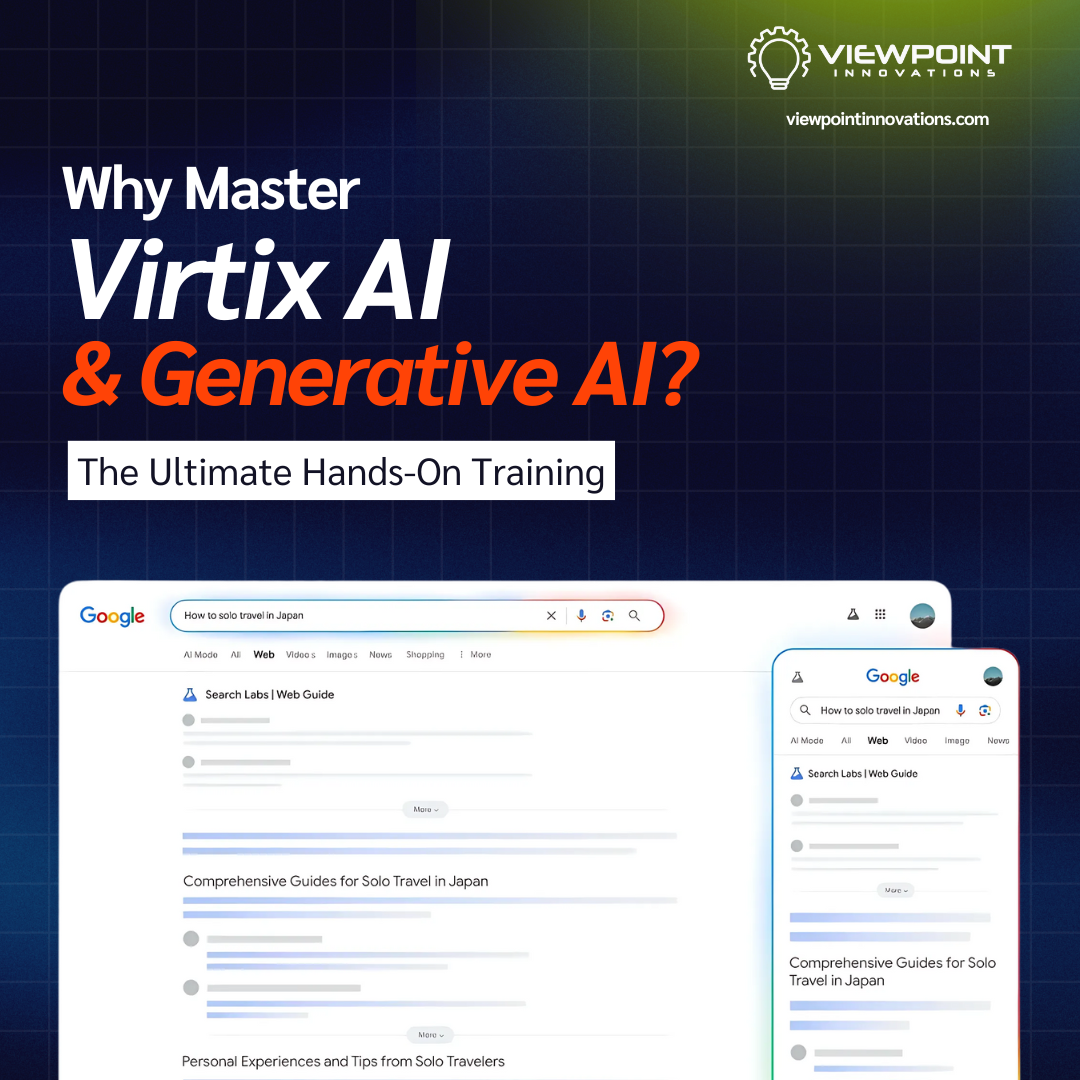 A promotional graphic from Viewpoint Innovations for a course titled "Why Master Virtix AI & Generative AI? The Ultimate Hands-On Training." The background is a dark blue grid, and below the text is a mock-up of Google search results for "how to solo travel in Japan" on desktop and mobile screens.