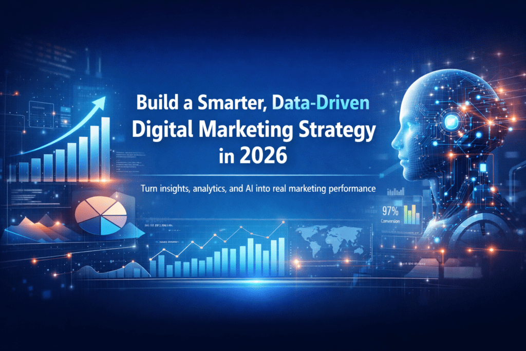 Data-driven digital marketing strategy in 2026 showing analytics charts and AI technology