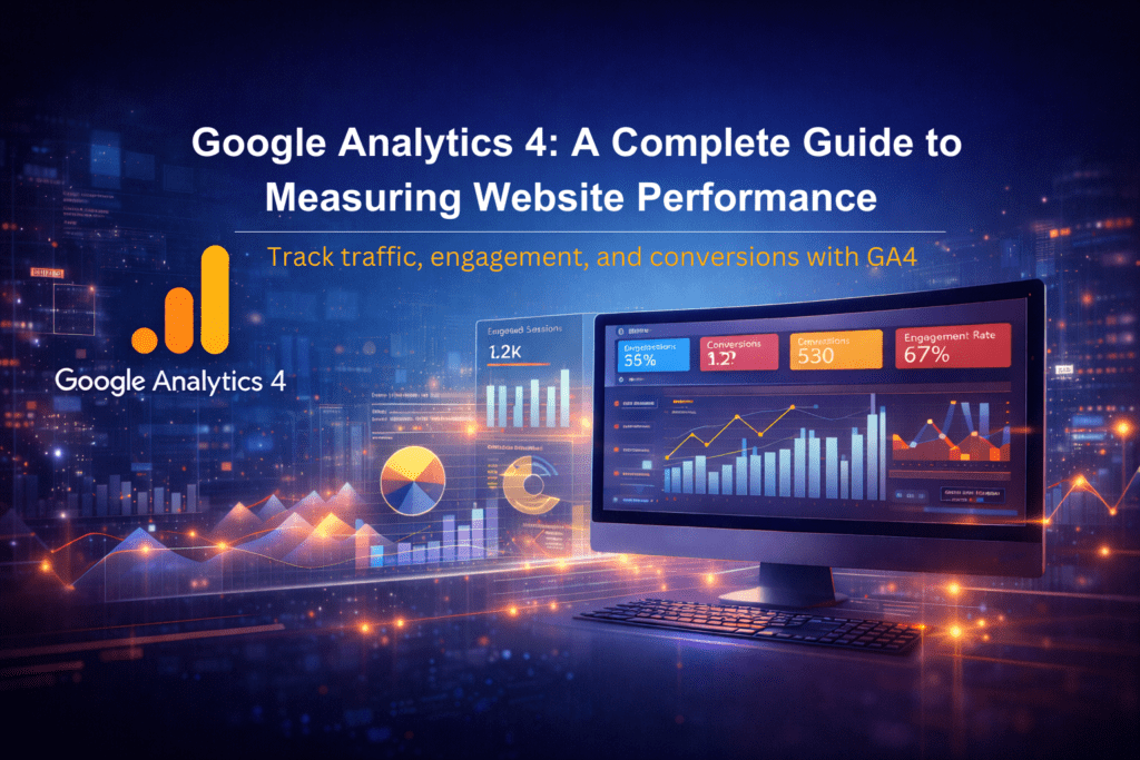 Google Analytics 4 dashboard showing website performance metrics and analytics charts