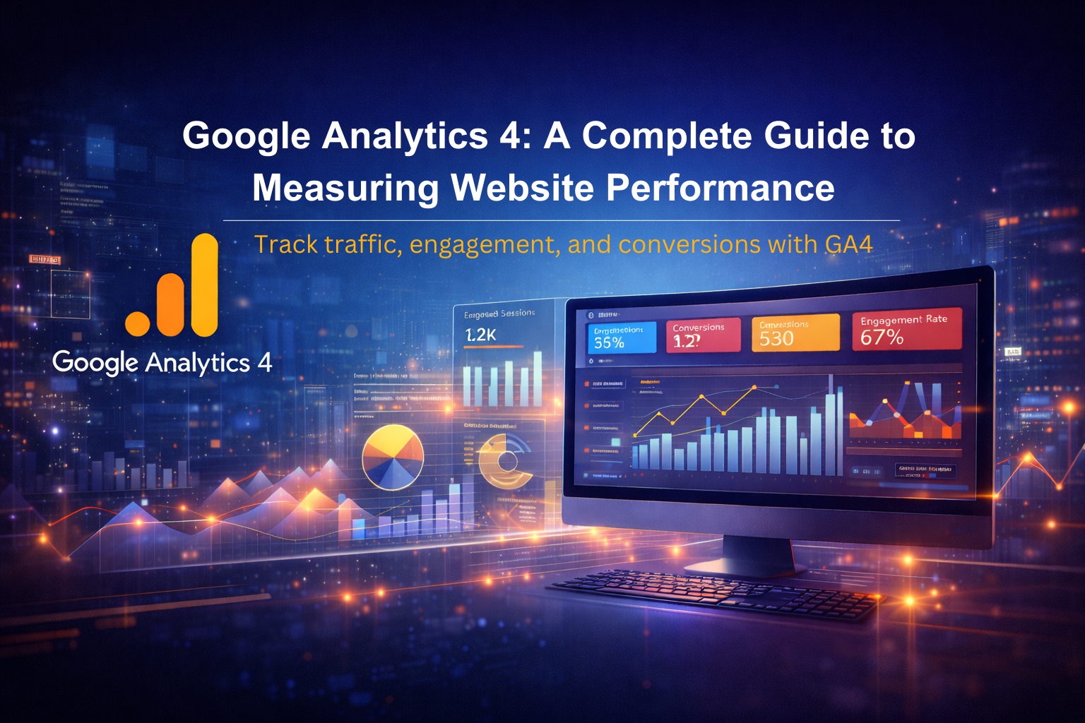 Google Analytics 4 dashboard showing website performance metrics and analytics charts