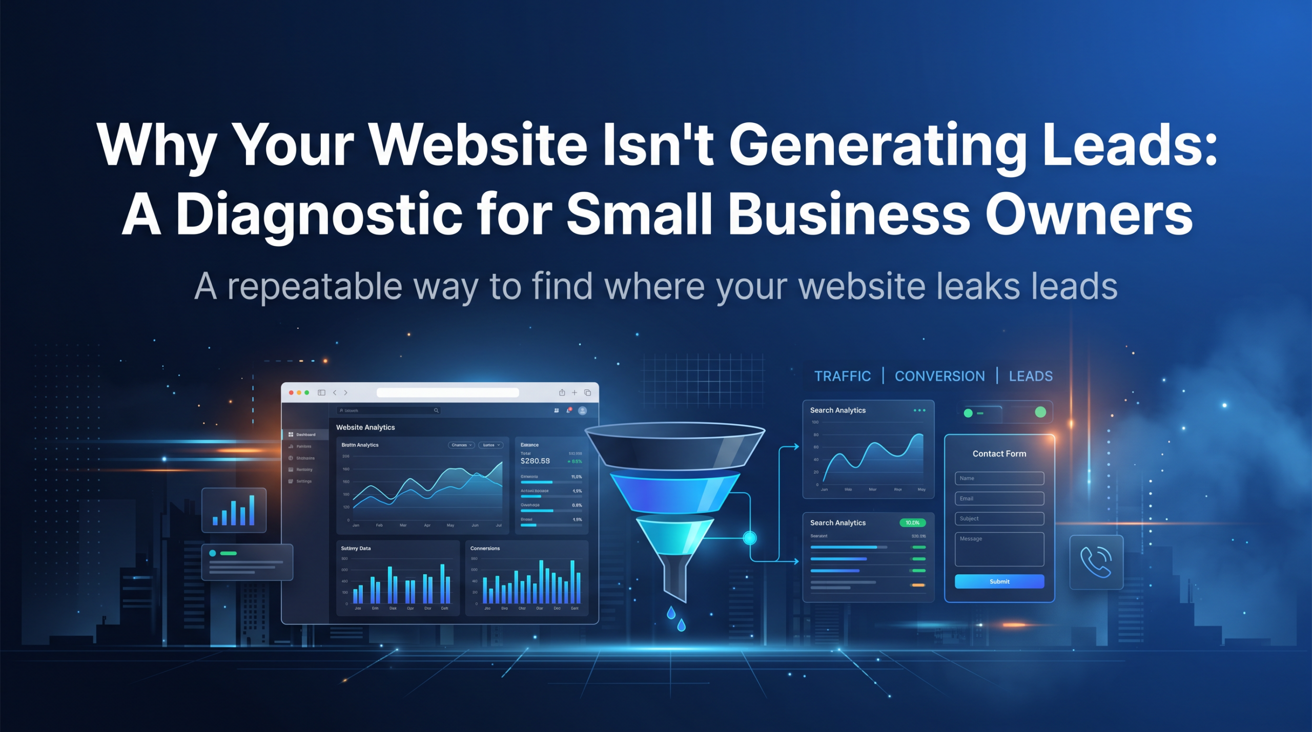Dark navy and cobalt blog hero showing a website lead-generation diagnostic with a traffic, conversion, and leads funnel dashboard