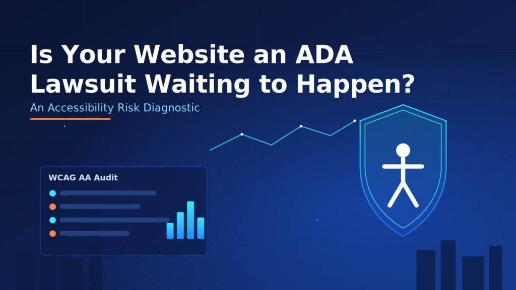 Dark blue hero graphic titled Is Your Website an ADA Lawsuit Waiting to Happen with an accessibility figure inside a shield and a WCAG AA audit dashboard