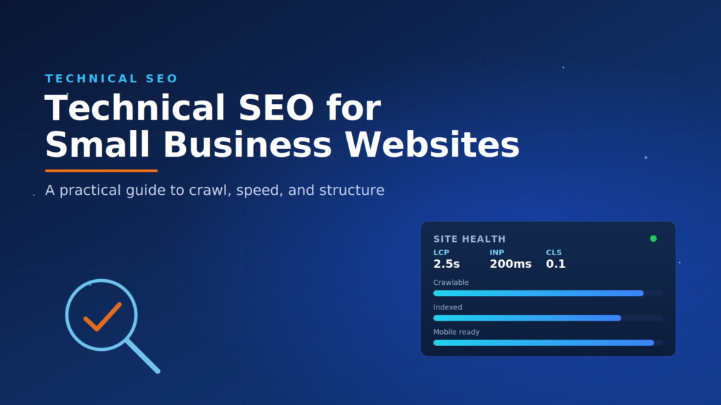 Blog hero for a technical SEO guide showing a site health dashboard with Core Web Vitals thresholds and a search magnifier with a checkmark