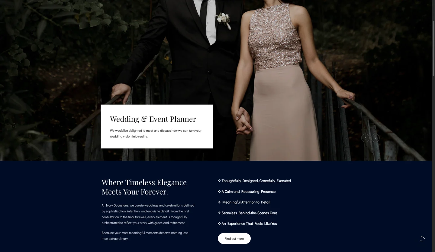 Ivory Occasions website showing wedding photography and service information.