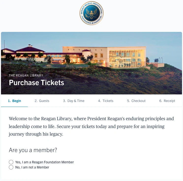 Current Reagan Library ticketing site showing the beginning of the ticket purchase flow and membership choice.