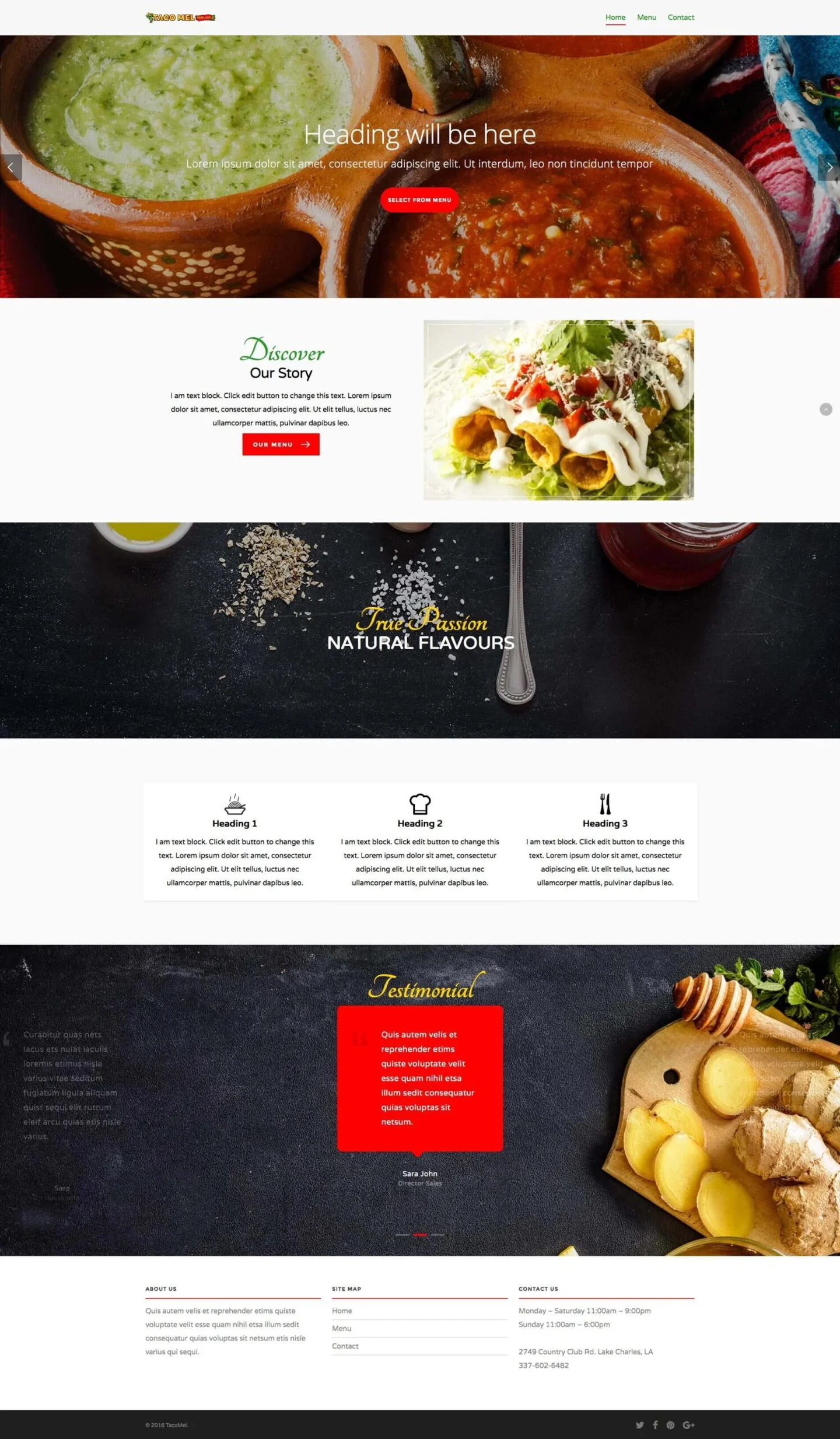 Archived Taco Mel restaurant website design showing food photography, menu navigation and restaurant information.