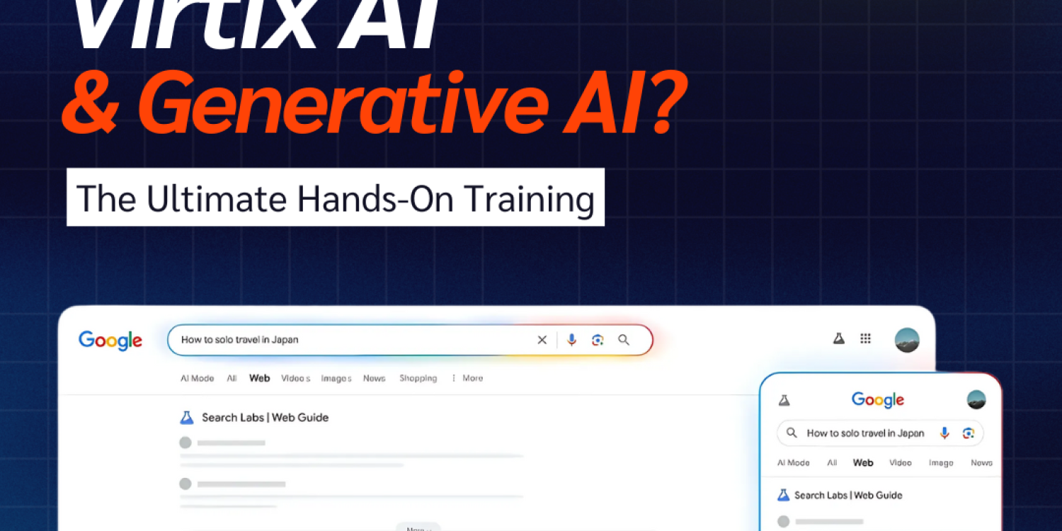 Virtix A promotional graphic from Viewpoint Innovations for a course titled "Why Master Virtix AI & Generative AI? The Ultimate Hands-On Training." The background is a dark blue grid, and below the text is a mock-up of Google search results for "how to solo travel in Japan" on desktop and mobile screens.